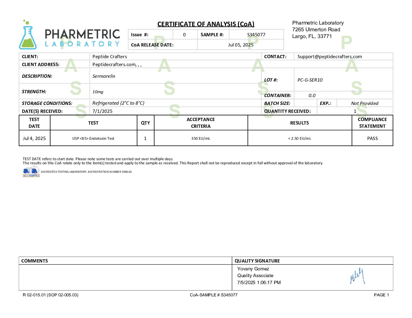 Certificate of Analysis for Sermorelin (10mg) from Peptide Crafters