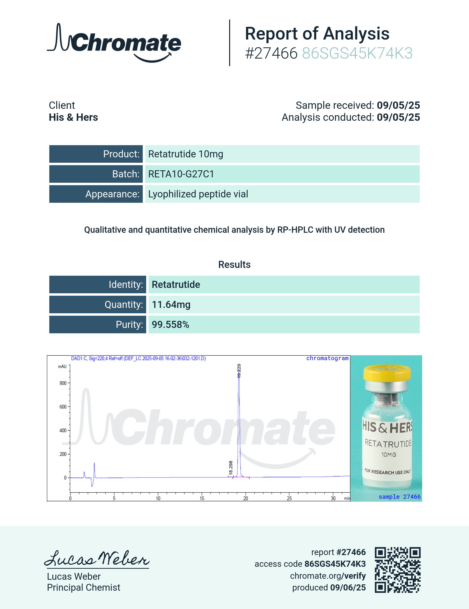 Certificate of Analysis for Retatrutide 10mg from VAYN