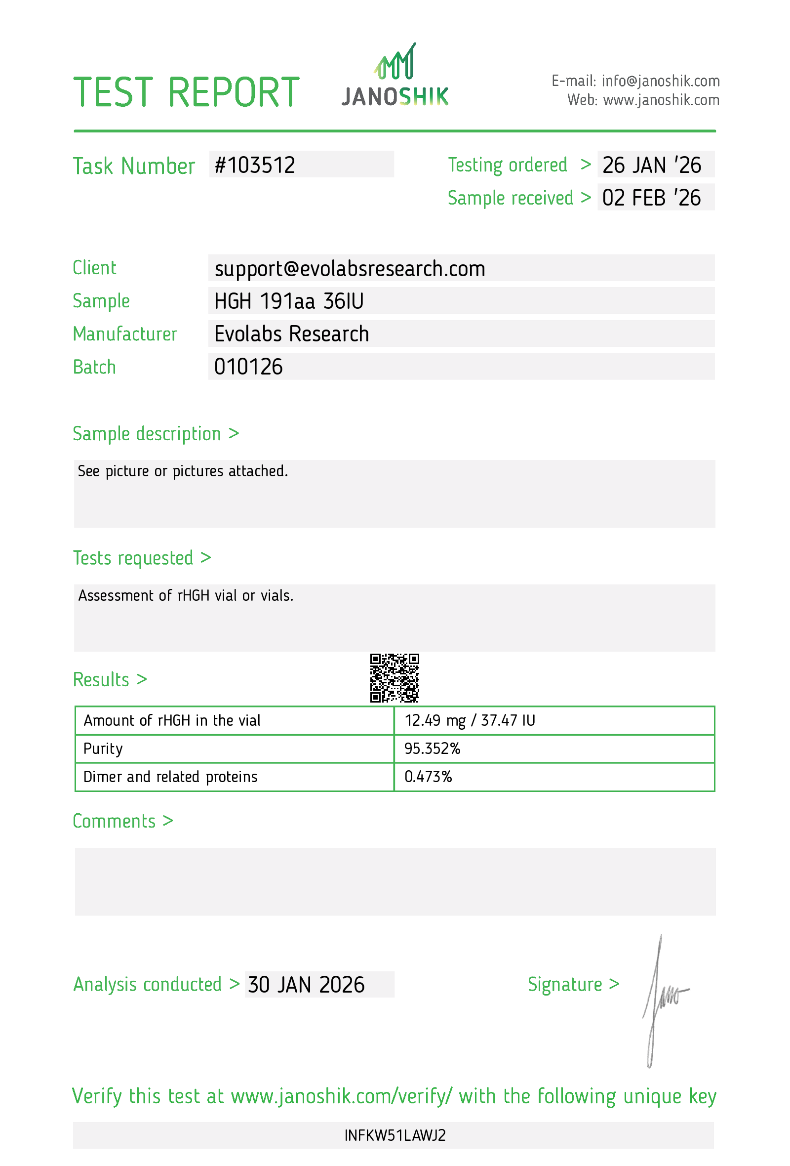 Certificate of Analysis for Janoshik verify 103512 from EVO Labs