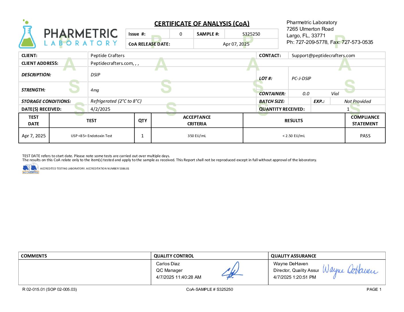 Certificate of Analysis for DSIP (5mg) from Peptide Crafters