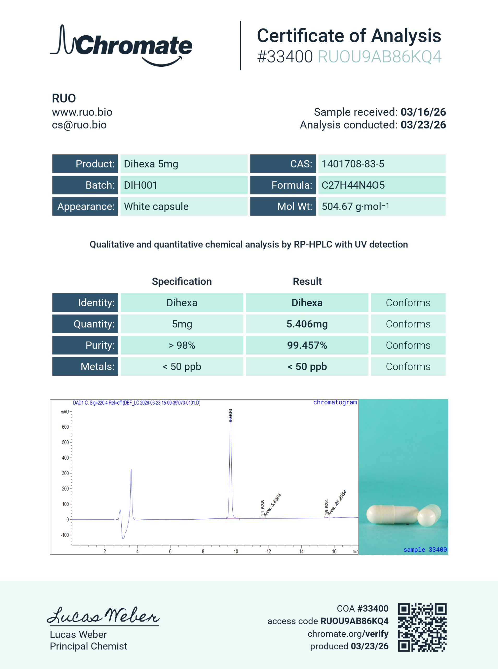Certificate of Analysis for Dihexa 5mg – 30 units from RUO