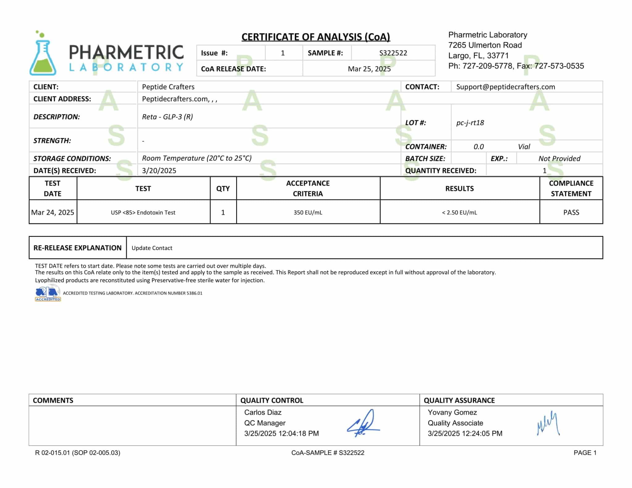 Certificate of Analysis for GLP-3 (R) 20mg from Peptide Crafters