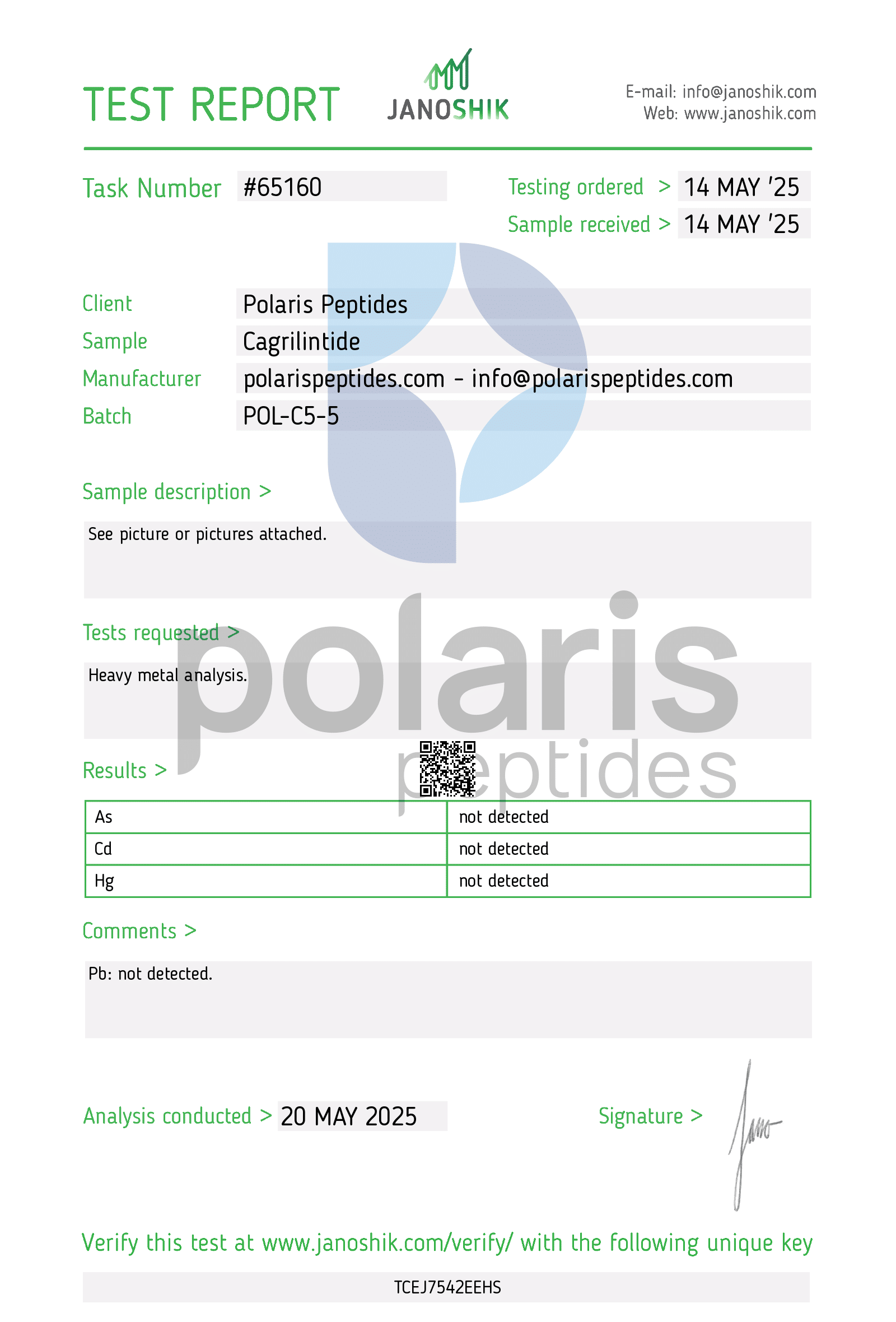 Certificate of Analysis for Cagrilintide 5mg from Polaris Peptides