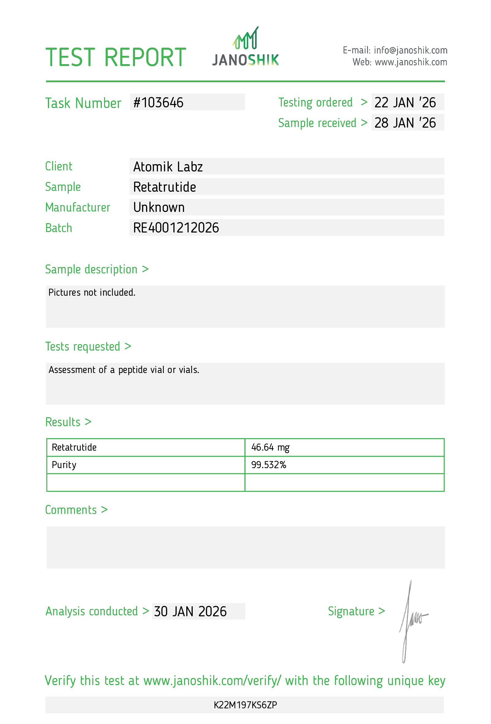 Certificate of Analysis for Retatrutide from Atomik Labz