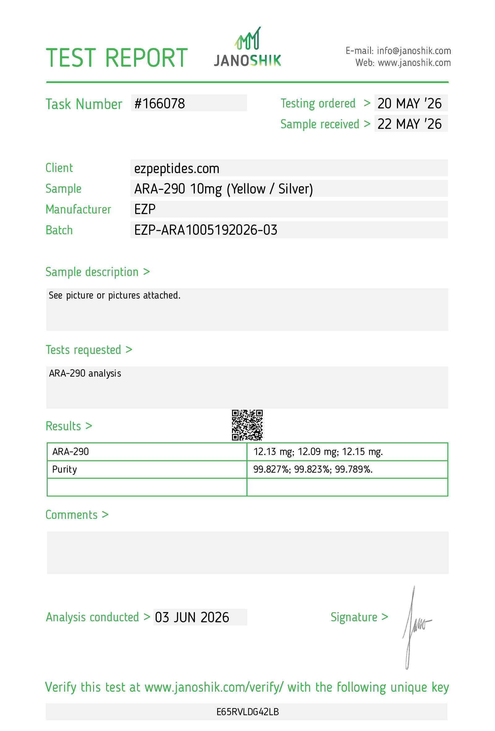 Certificate of Analysis for ARA-290 10mg from EZ Peptides