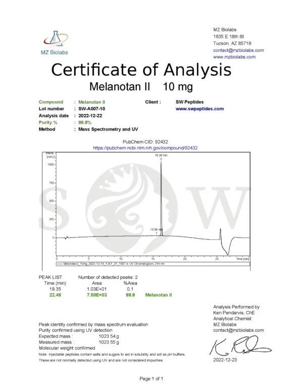 Certificate of Analysis for Melanotan 1 Acetate (MT-1) 10mg from Peptide Sources