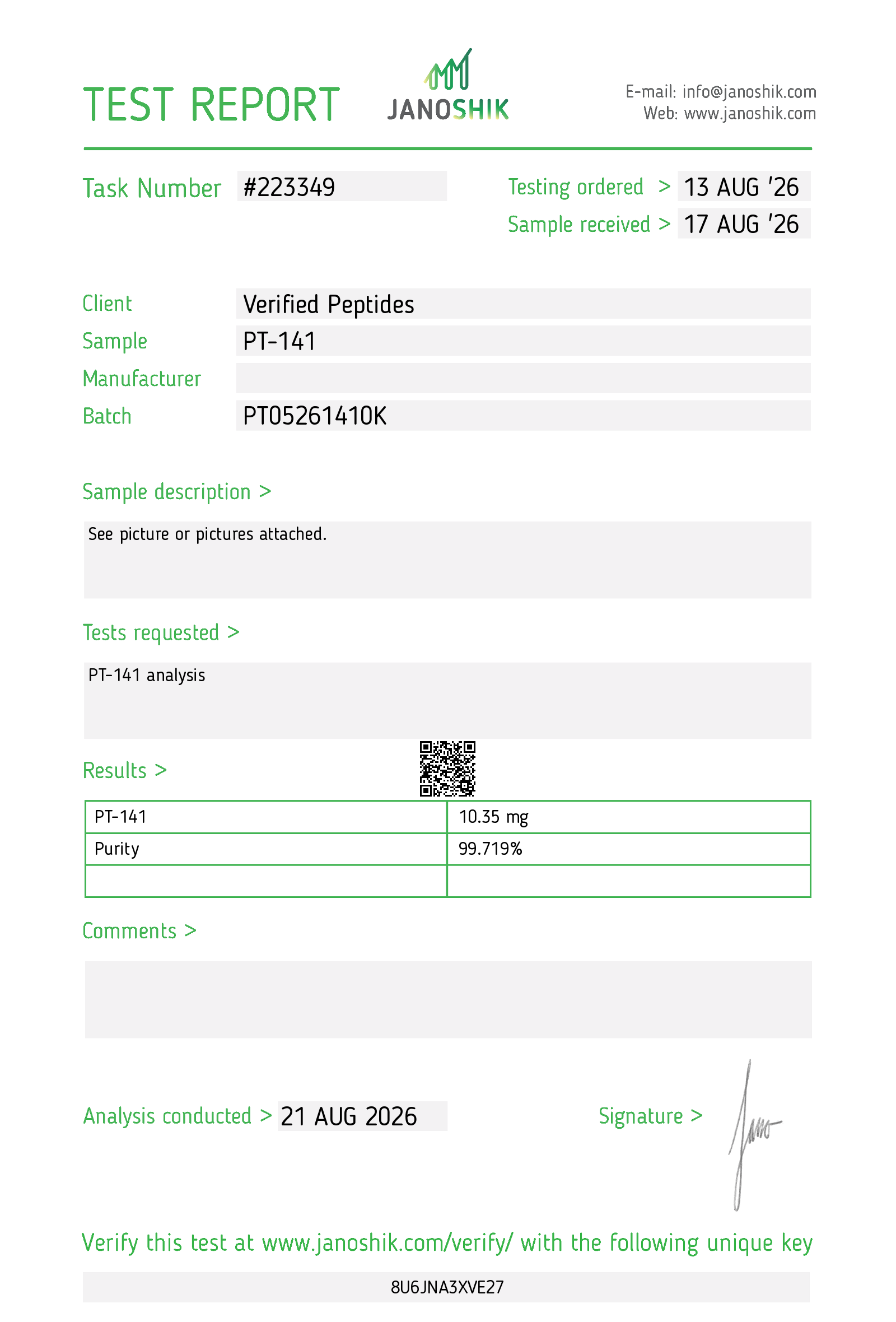 Certificate of Analysis for PT-141 Peptide (10MG) from Verified Peptides