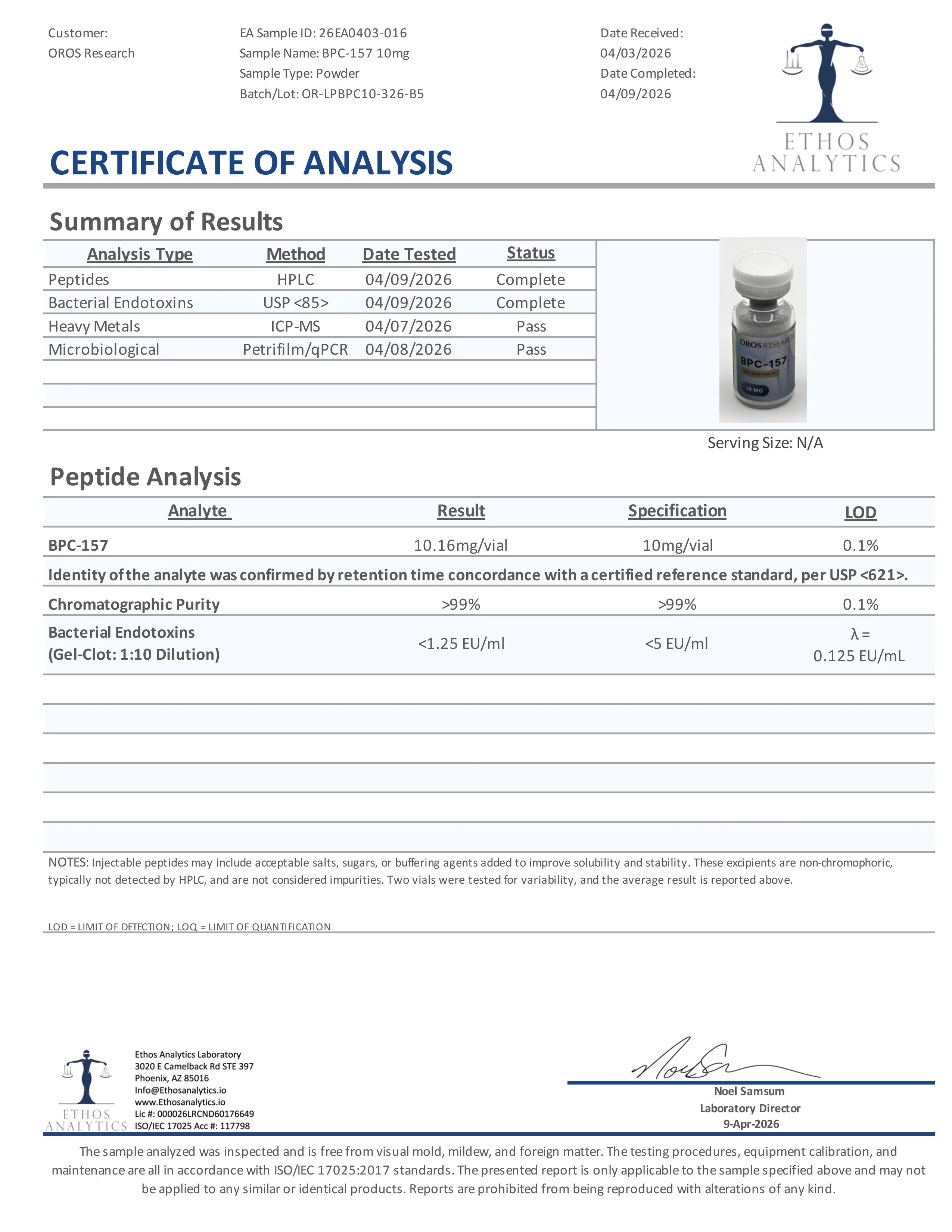 Certificate of Analysis for BPC-157 from Oros Research