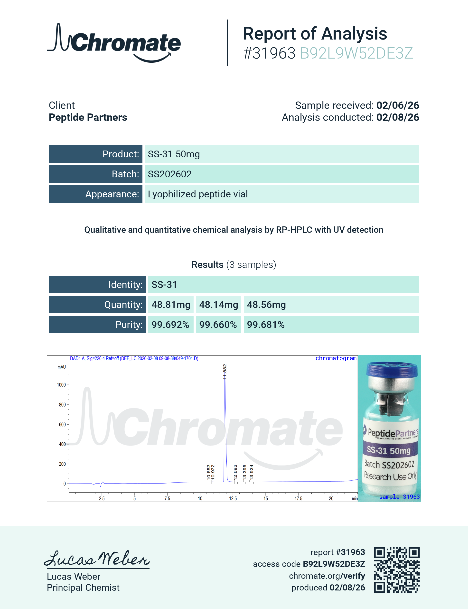 Certificate of Analysis for SS-31 from Peptide Partners