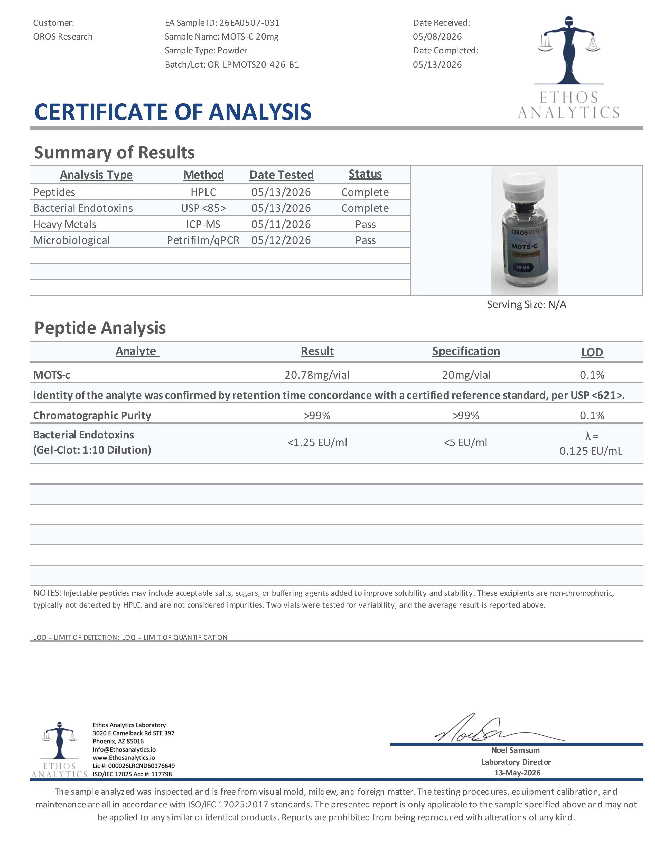 Certificate of Analysis for MOTS-C from Oros Research
