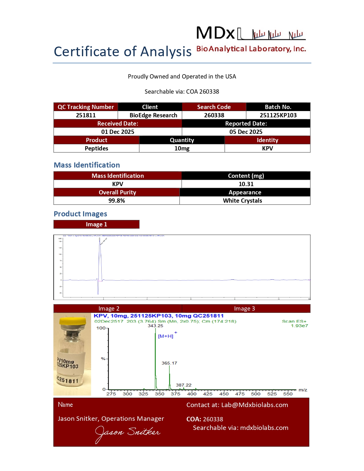 Certificate of Analysis for KPV 10mg from BioEdge Research Labs