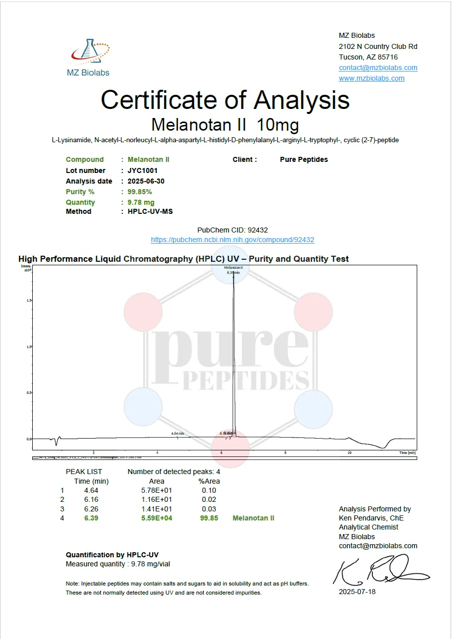 Certificate of Analysis for MELANONTAN II 10MG from Pure Peptides Bio