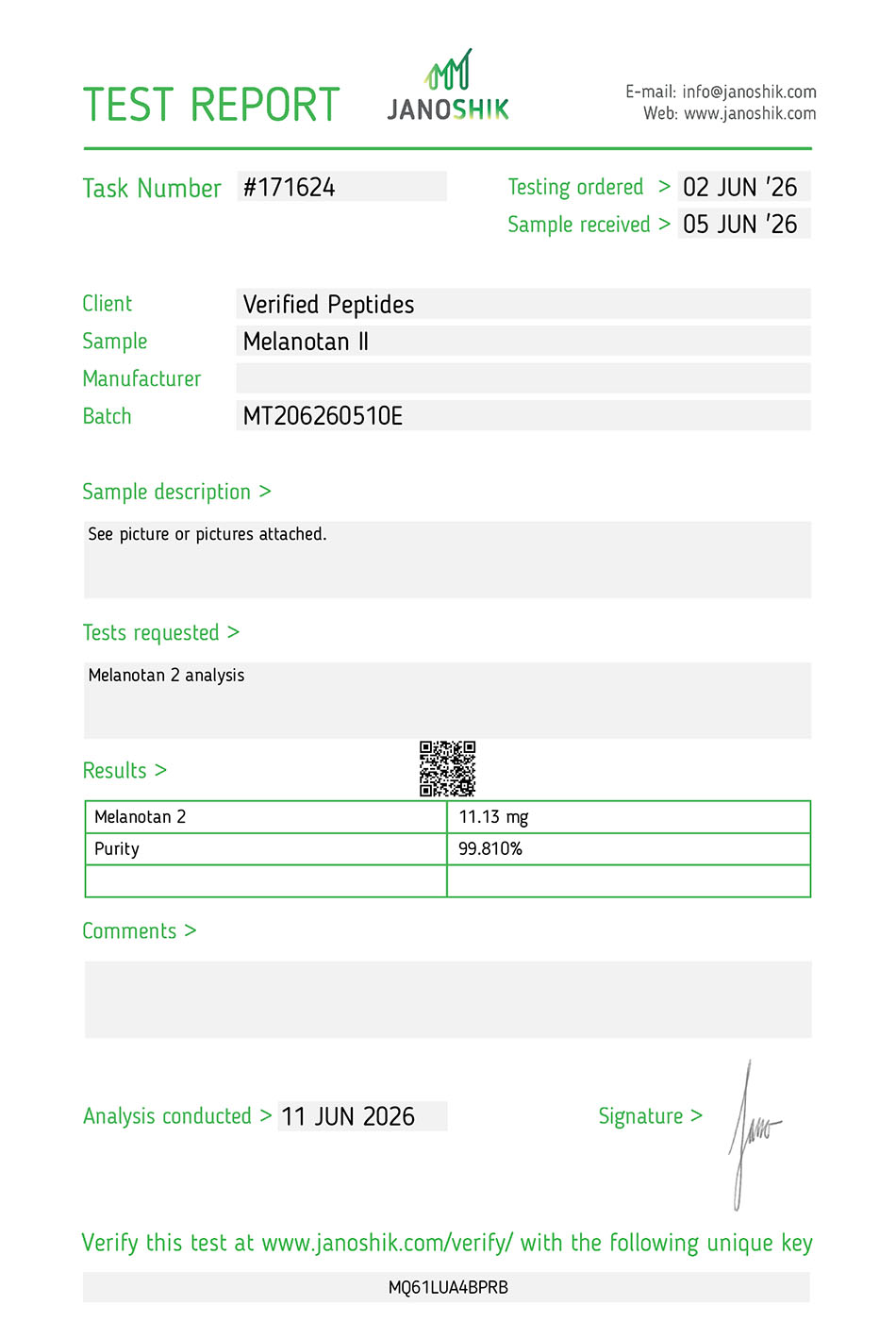 Certificate of Analysis for MT II Peptide (10MG) from Verified Peptides