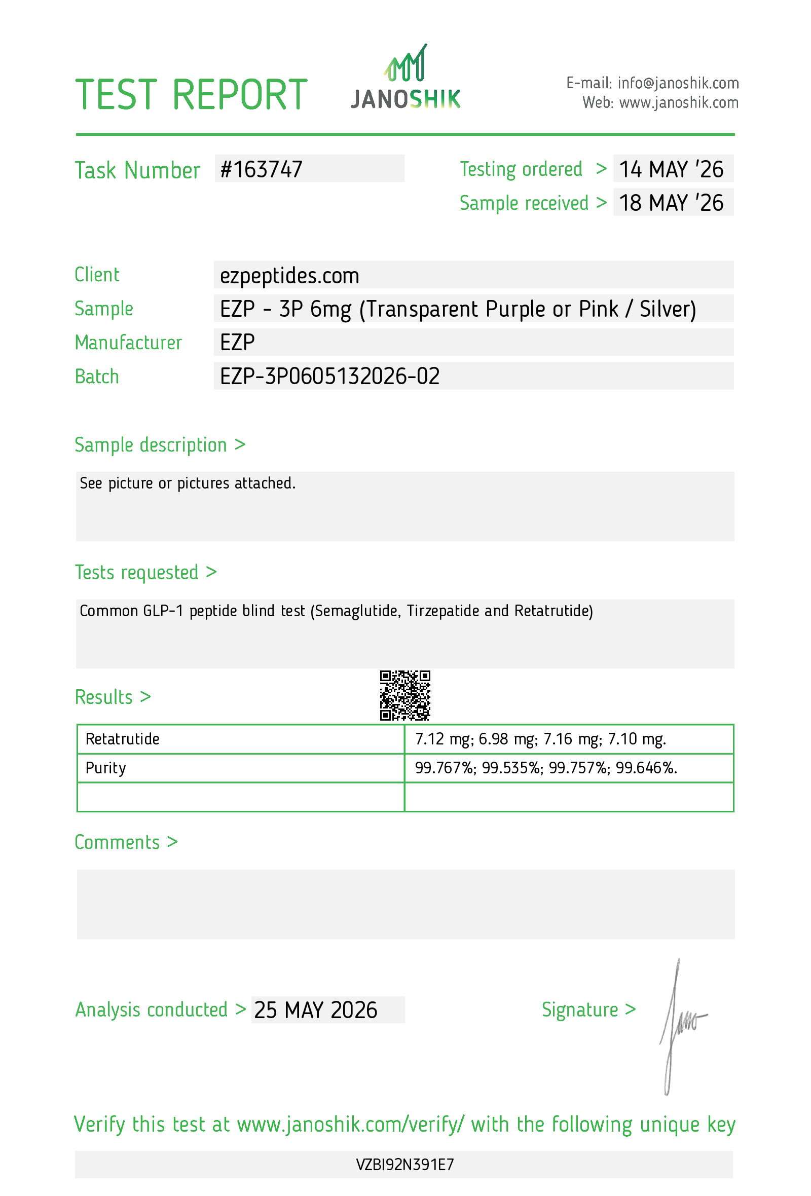 Certificate of Analysis for EZP-3P 6mg from EZ Peptides