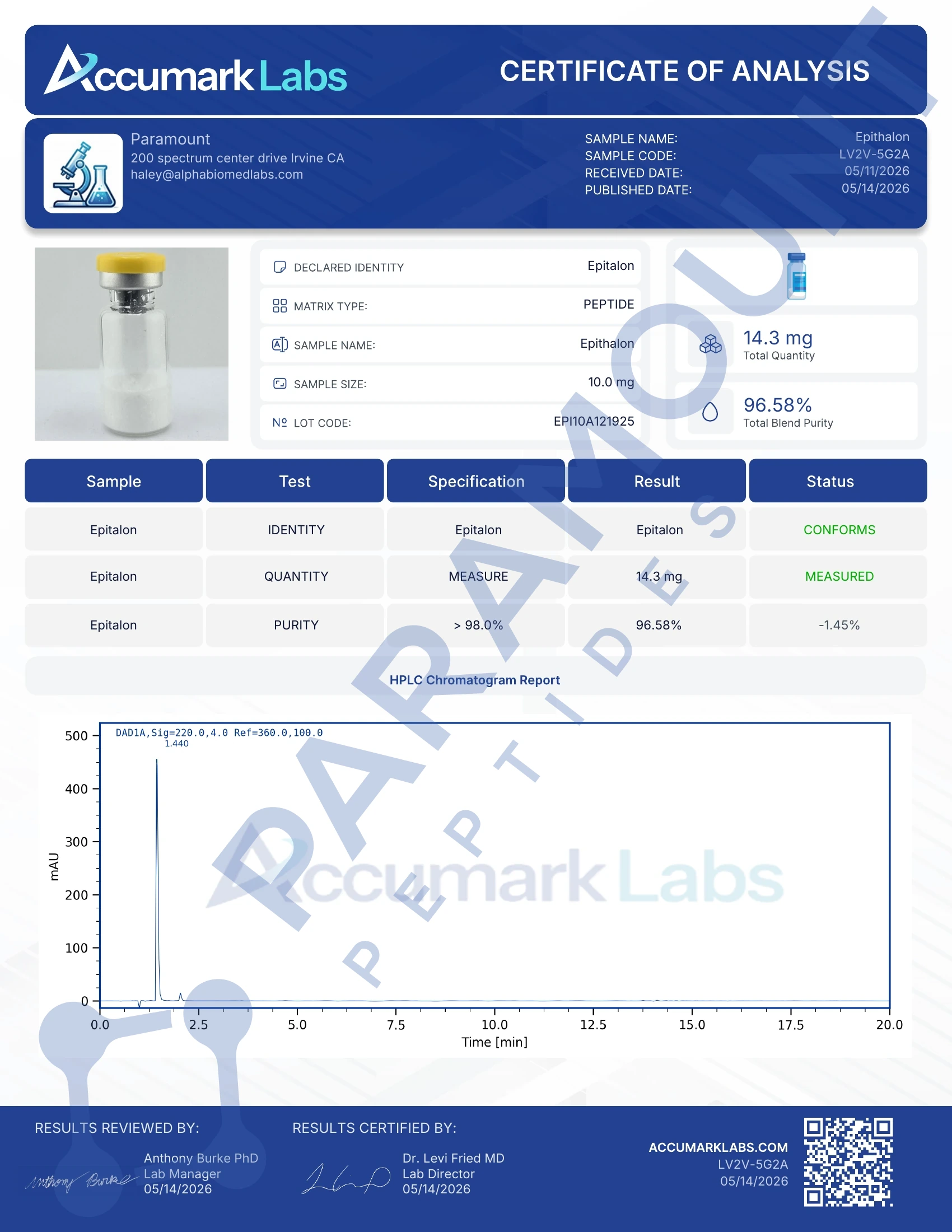 Certificate of Analysis for Epithalon (10mg) from Paramount Peptides