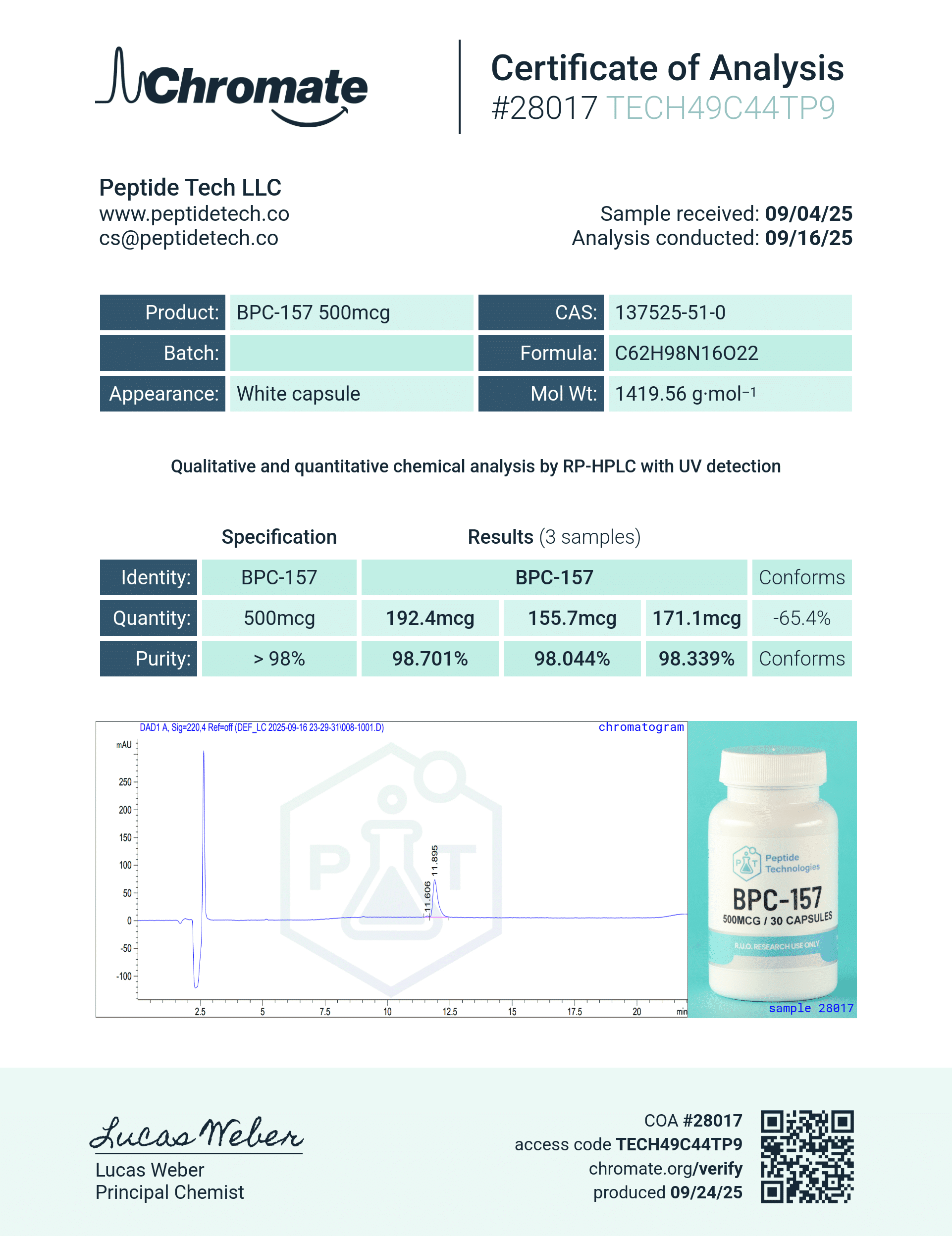 Certificate of Analysis for BPC-157 from Peptide Tech