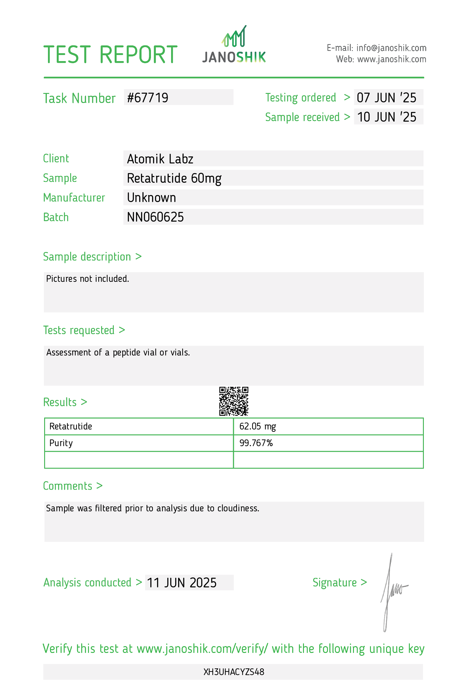 Certificate of Analysis for Retatrutide from Atomik Labz