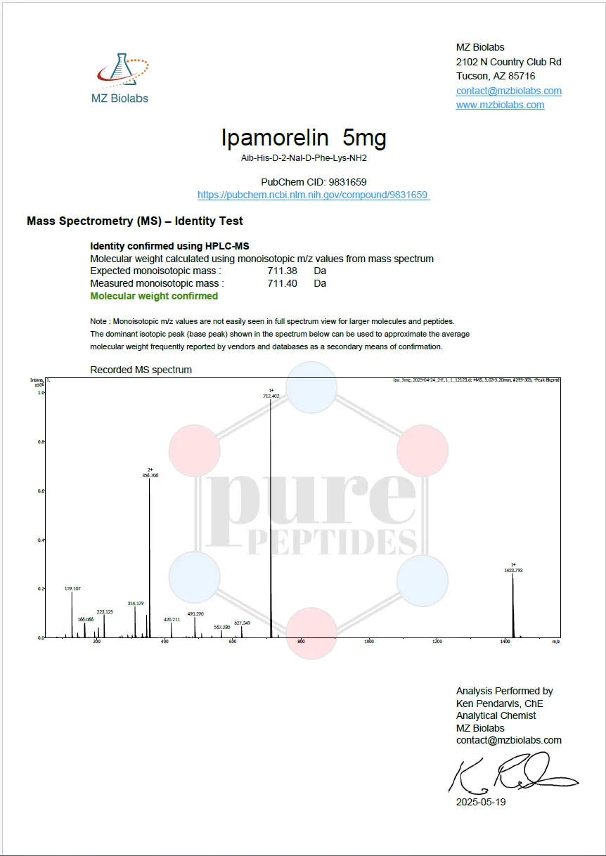 Certificate of Analysis for IPAMORELIN 5MG from Pure Peptides Bio