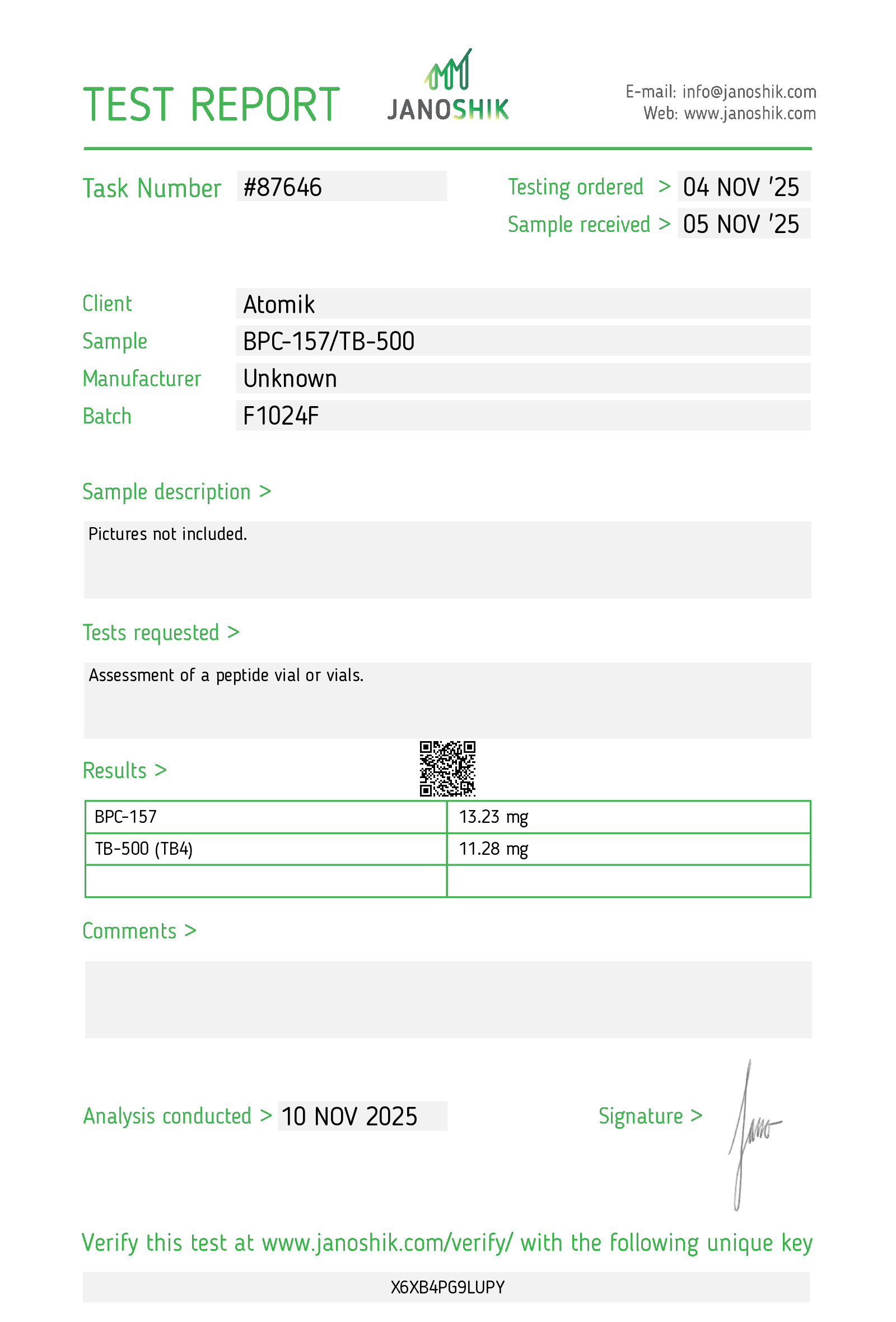 Certificate of Analysis for BPC-157 / TB-500 Blend from Atomik Labz