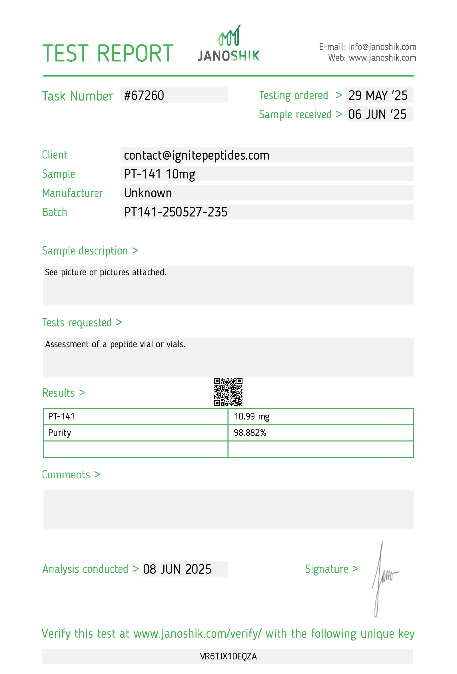 Certificate of Analysis for PT-141 (10mg) from Ignite Peptides