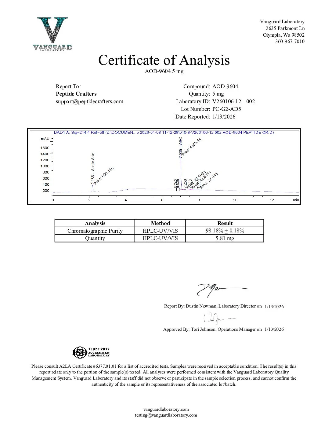 Certificate of Analysis for AOD-9604 (5mg) – New Clear Non-Gel Formula from Peptide Crafters