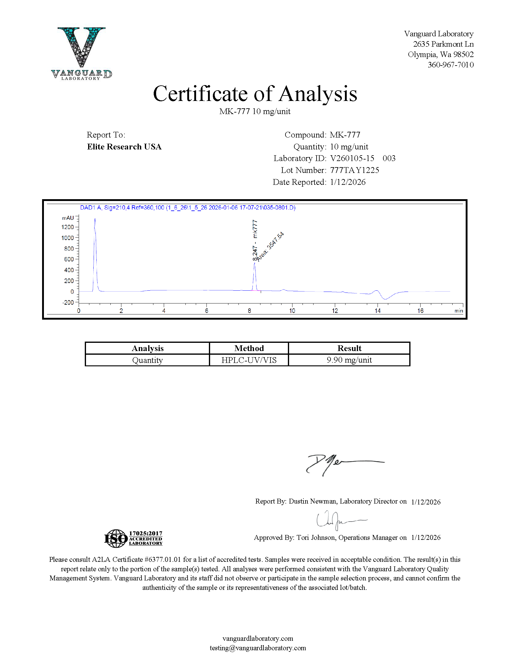 Certificate of Analysis for Vanguard Laboratory COA from Elite Research USA