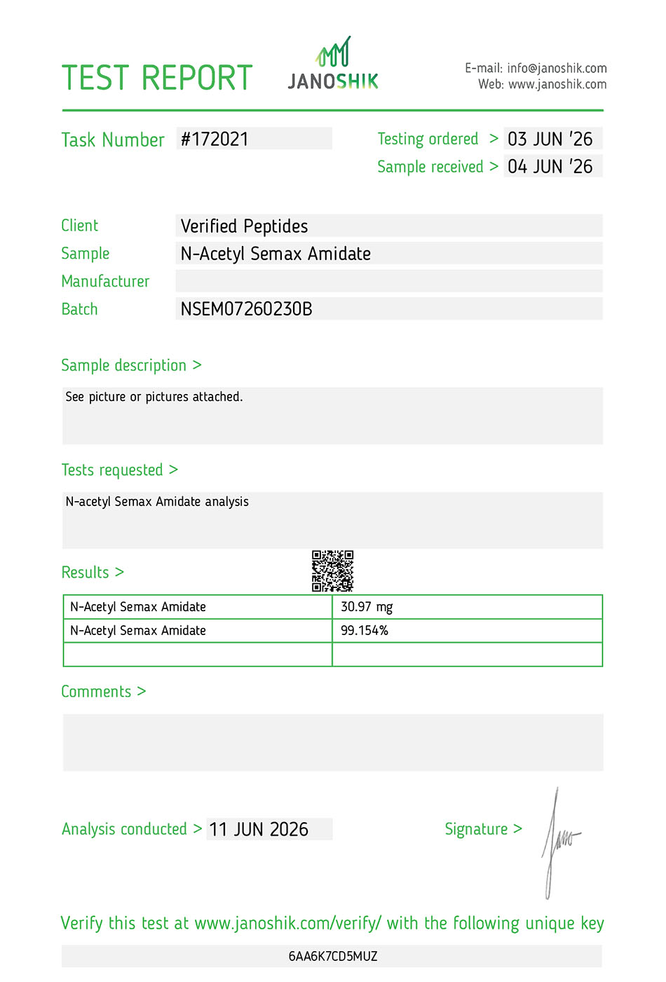 Certificate of Analysis for N-Acetyl Semax Peptide from Verified Peptides