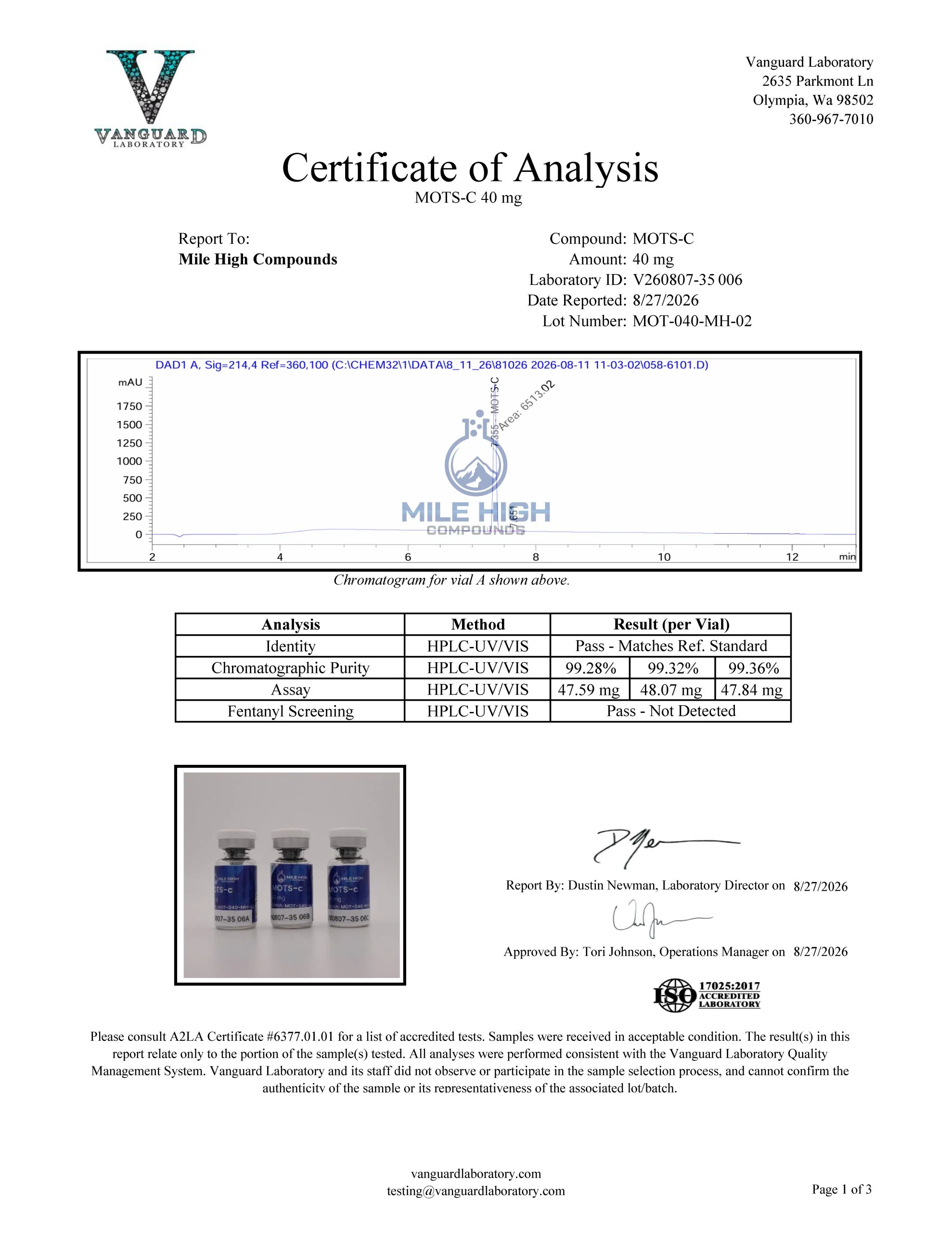 Certificate of Analysis for Mots C from Mile High Compounds
