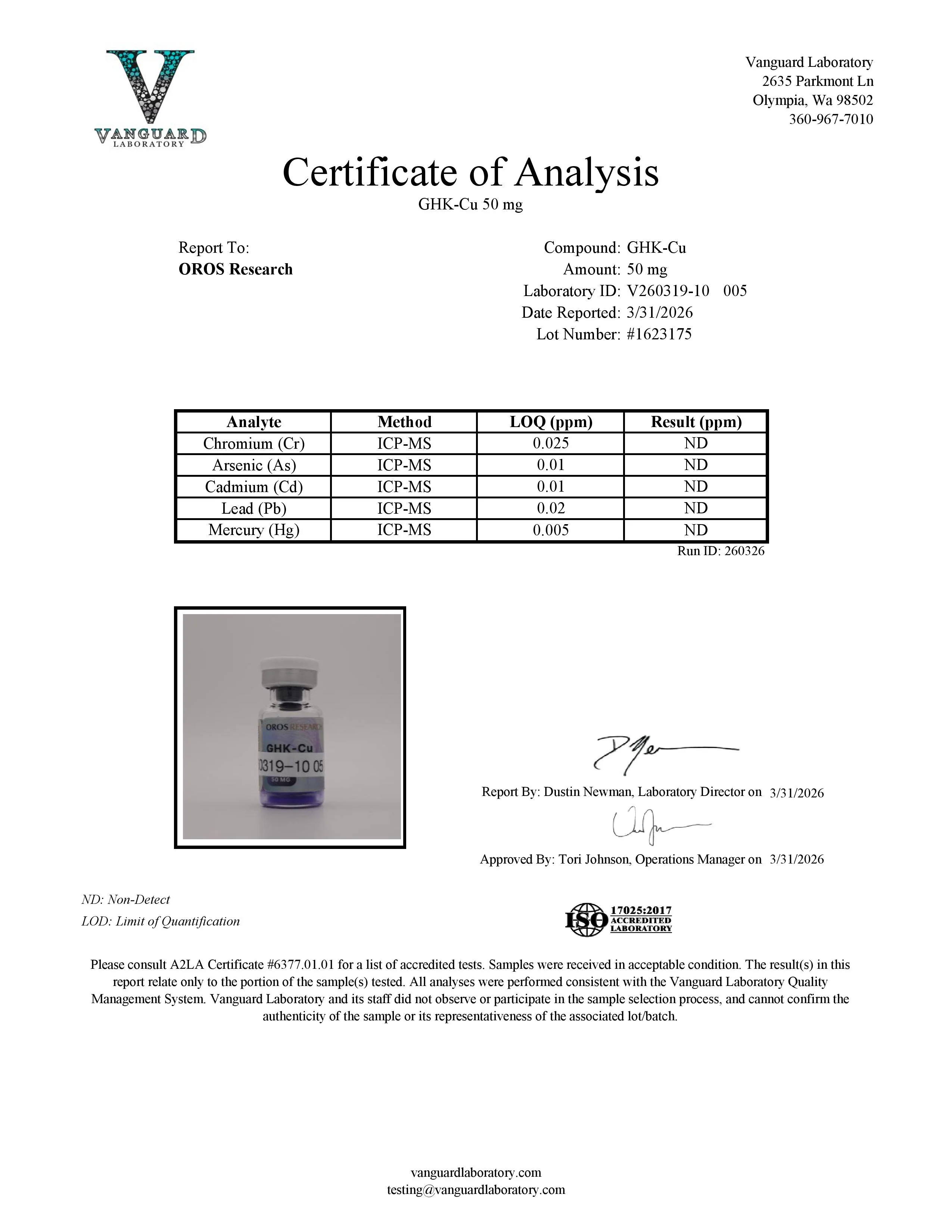 Certificate of Analysis for GHK-Cu from Oros Research
