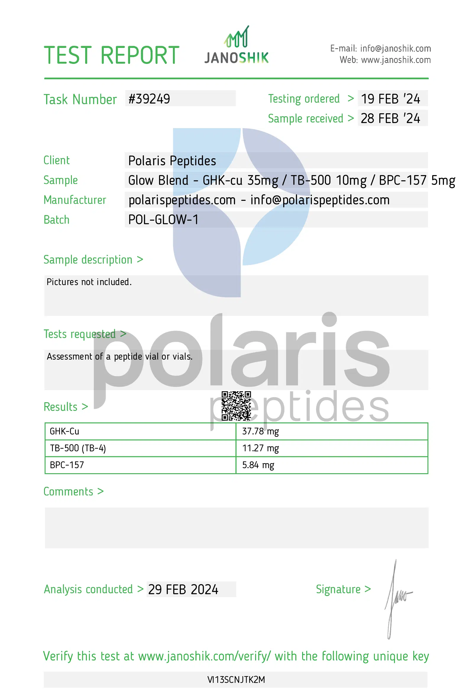 Certificate of Analysis for GLOW 70: GHK-cu 50mg, TB-500 10mg, BPC-157 10mg Blend from Polaris Peptides
