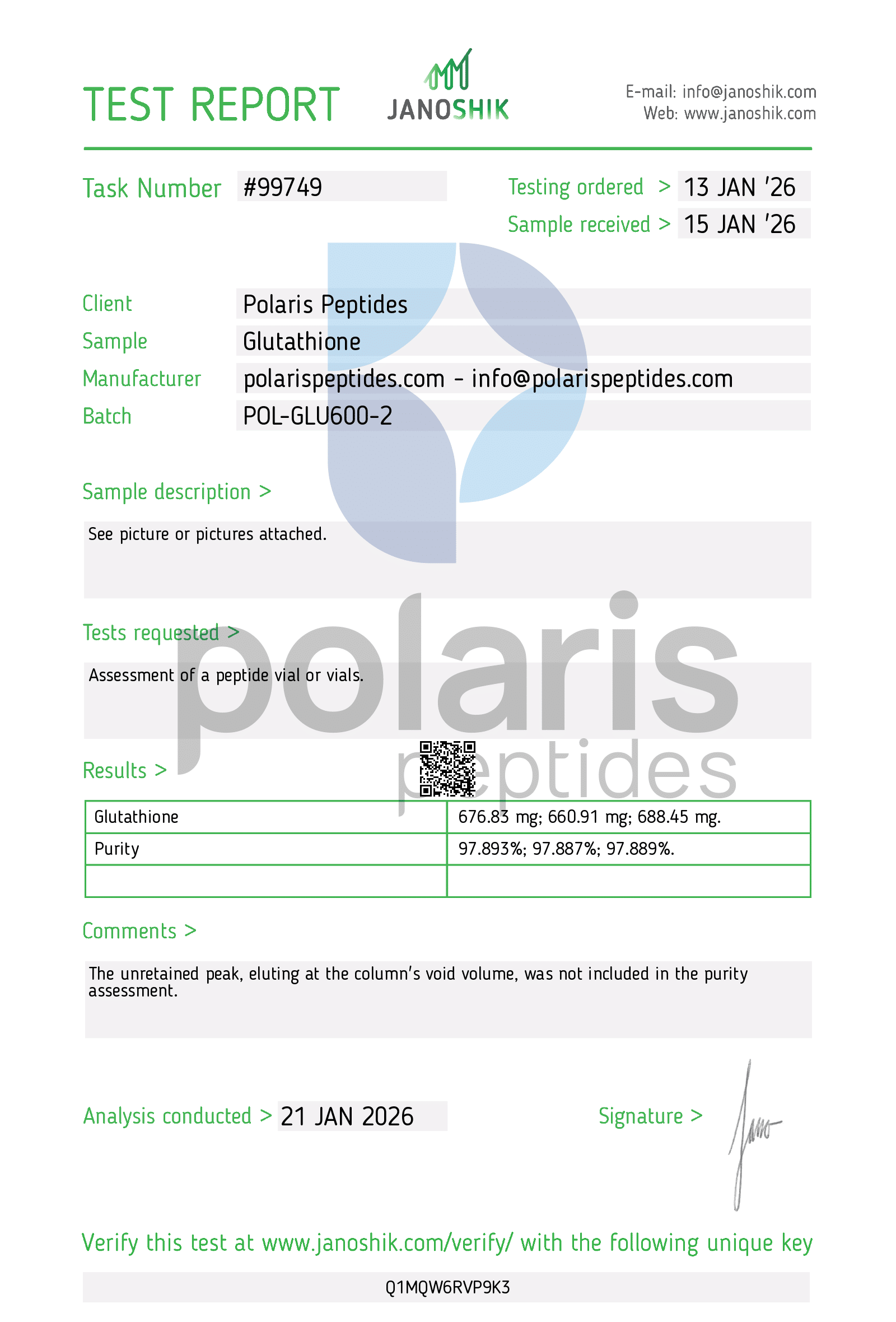 Certificate of Analysis for Glutathione 600mg from Polaris Peptides