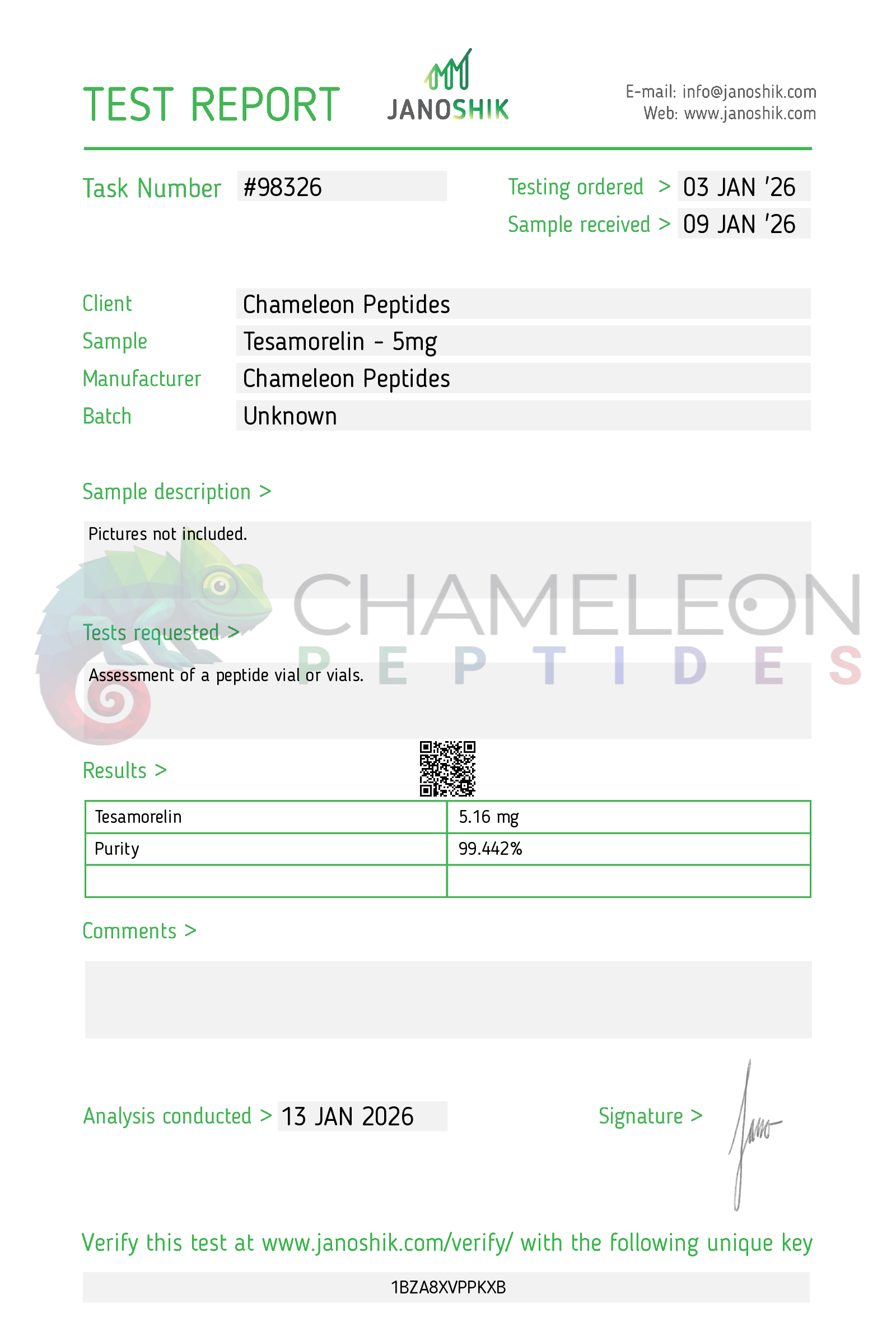 Certificate of Analysis for Tesamorelin from Chameleon Peptides
