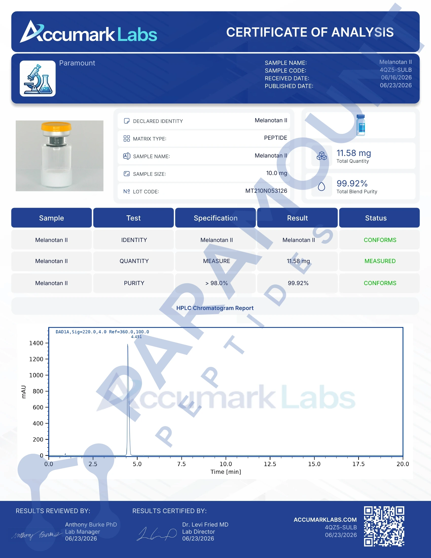 Certificate of Analysis for MT-II (Melanotan II) (10mg) from Paramount Peptides