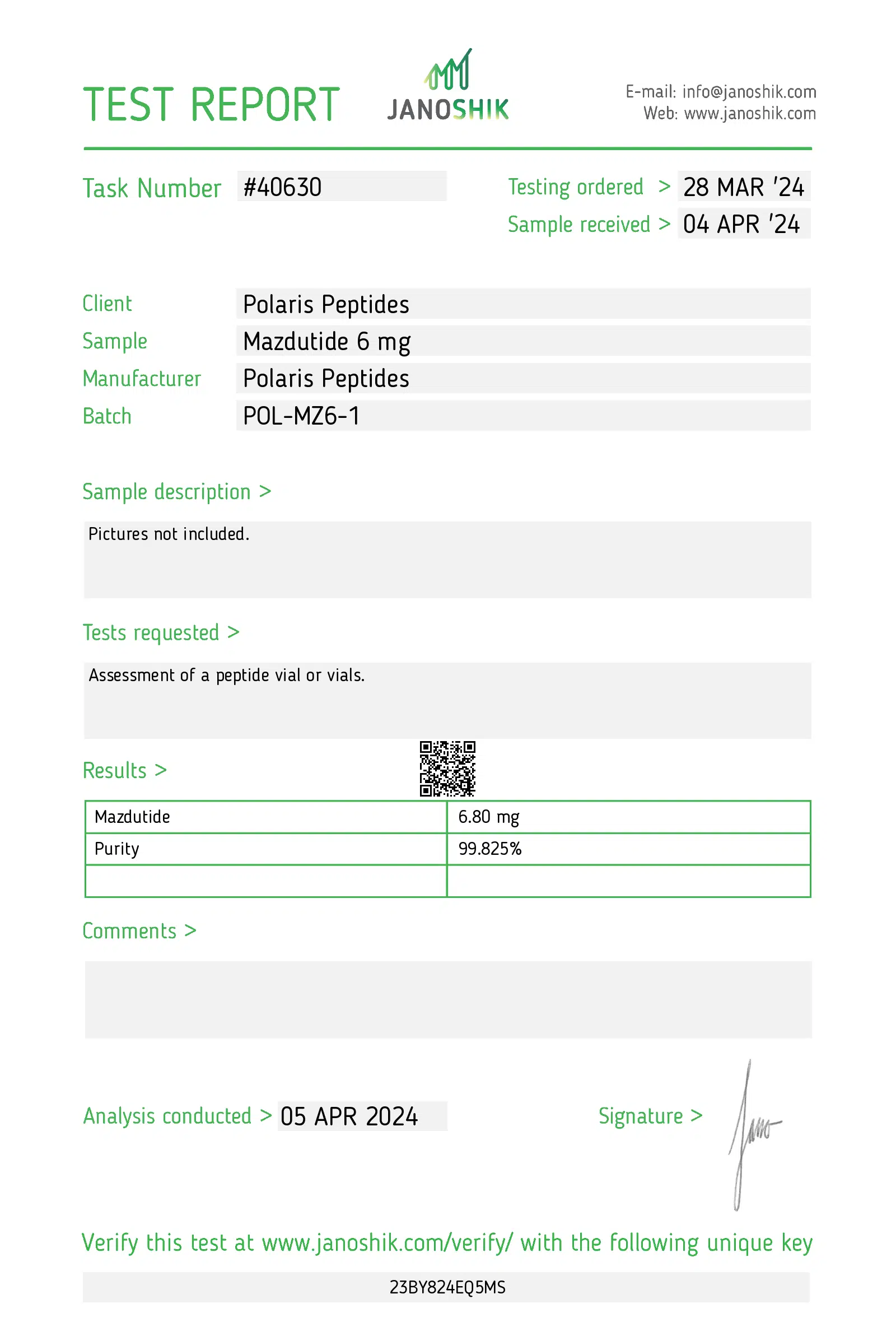 Certificate of Analysis for Mazdutide 6mg from Polaris Peptides