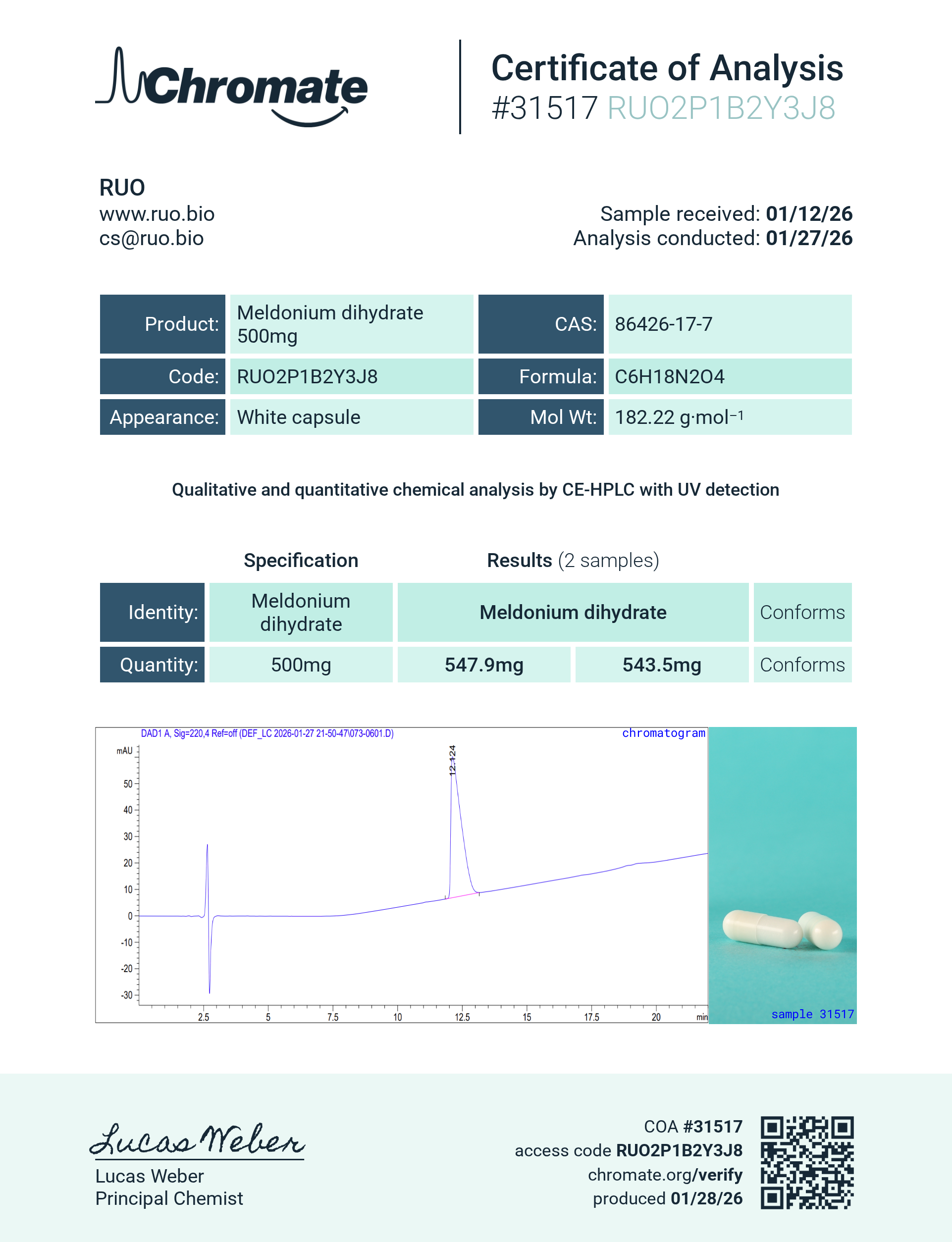 Certificate of Analysis for Meldonium Dihydrate 500mg – 60 units from RUO
