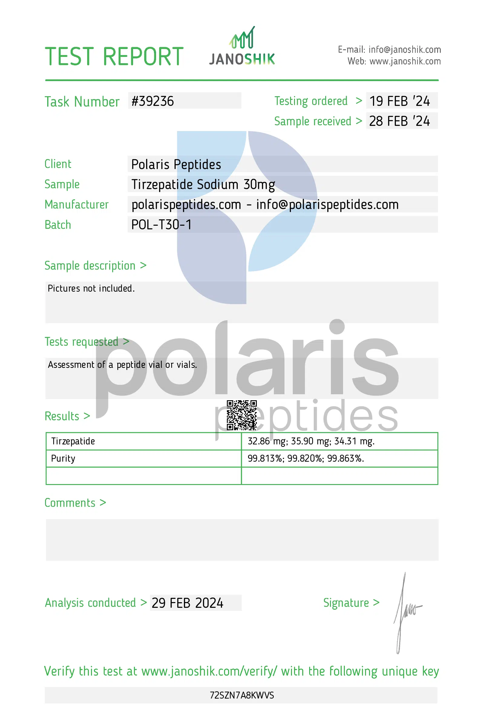 Certificate of Analysis for Tirzepatide 30mg from Polaris Peptides