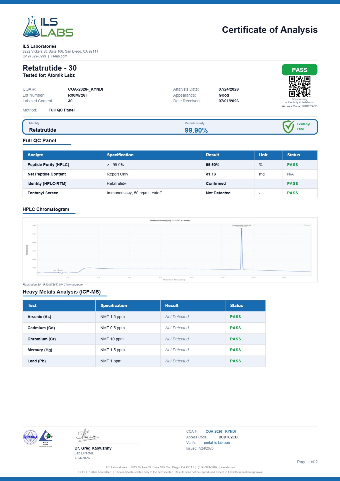 Certificate of Analysis for Retatrutide from Atomik Labz