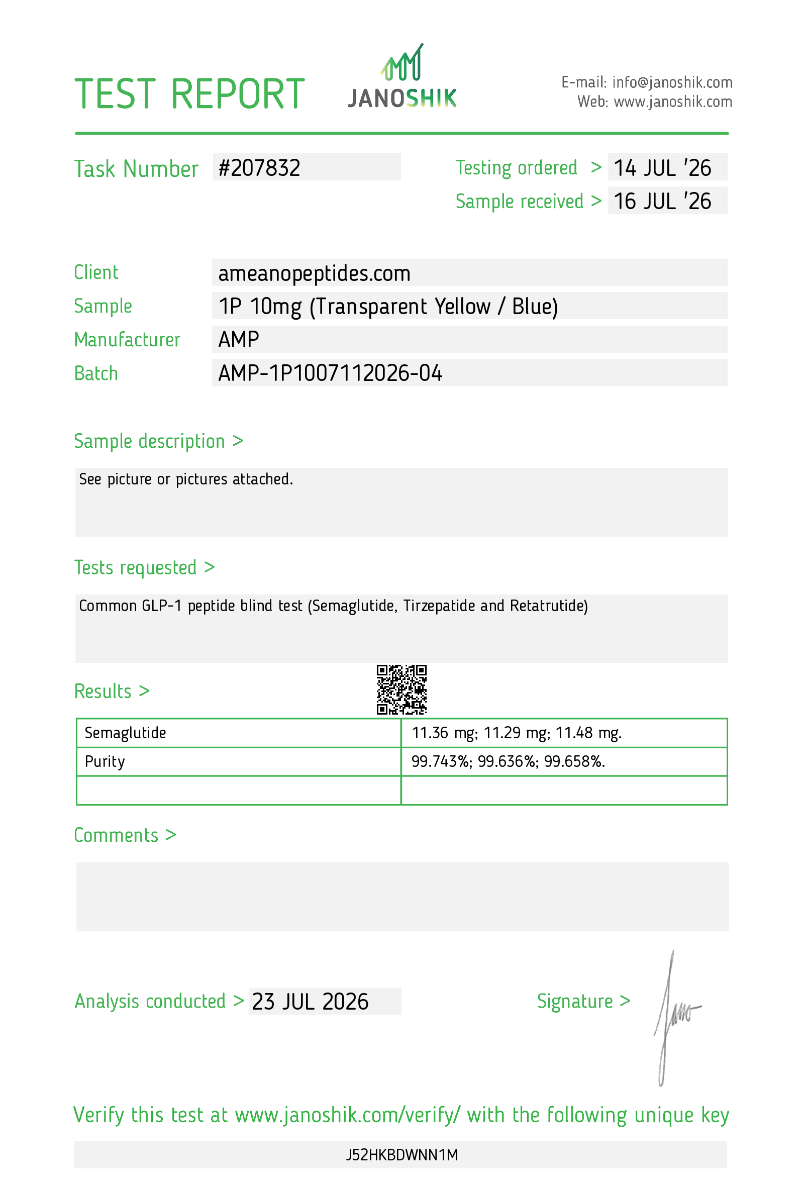 Certificate of Analysis for AMP-1P 10mg from Ameano Peptides