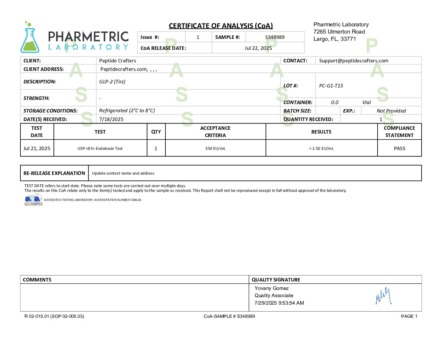 Certificate of Analysis for GLP-2 (T) 15mg from Peptide Crafters