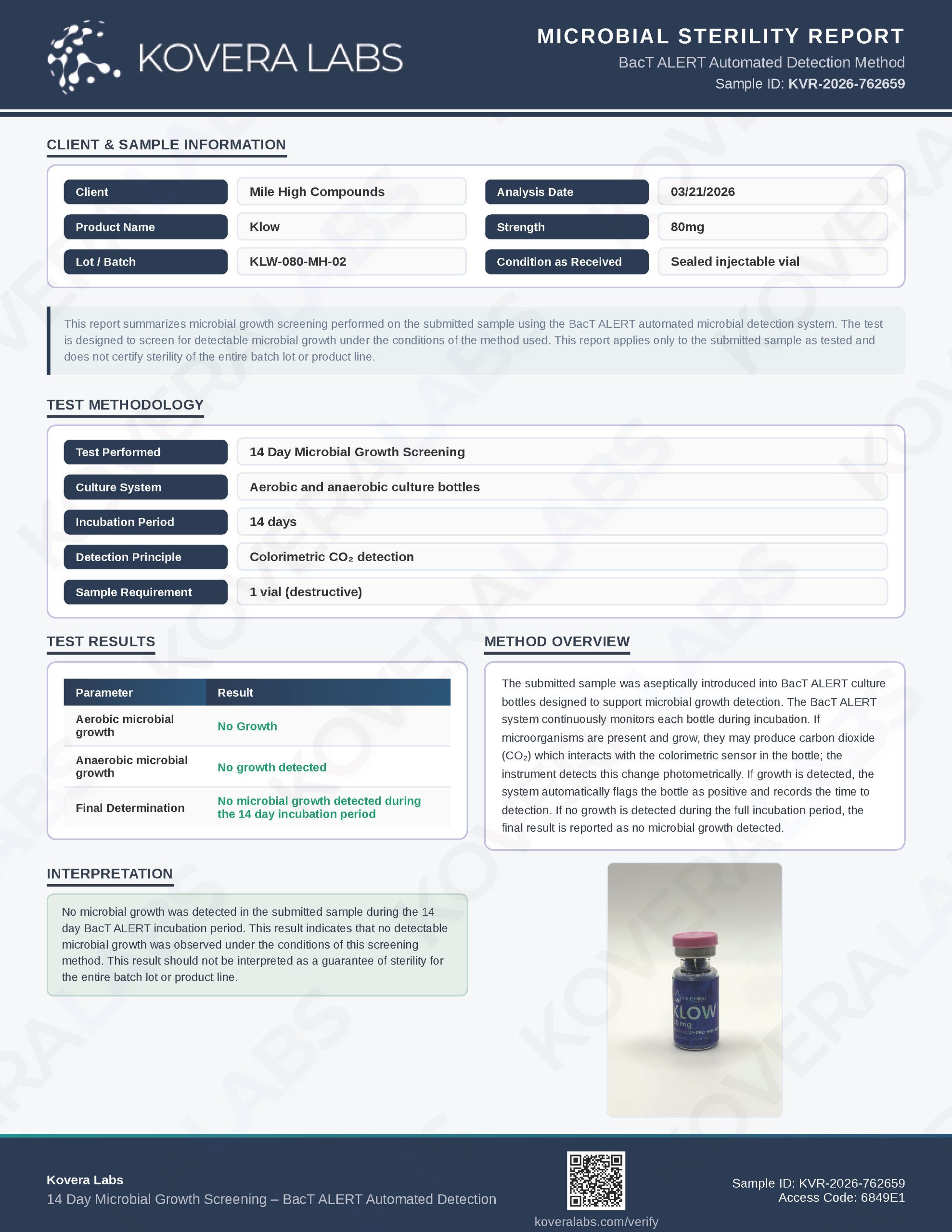 Certificate of Analysis for Klow 80 Blend from Mile High Compounds