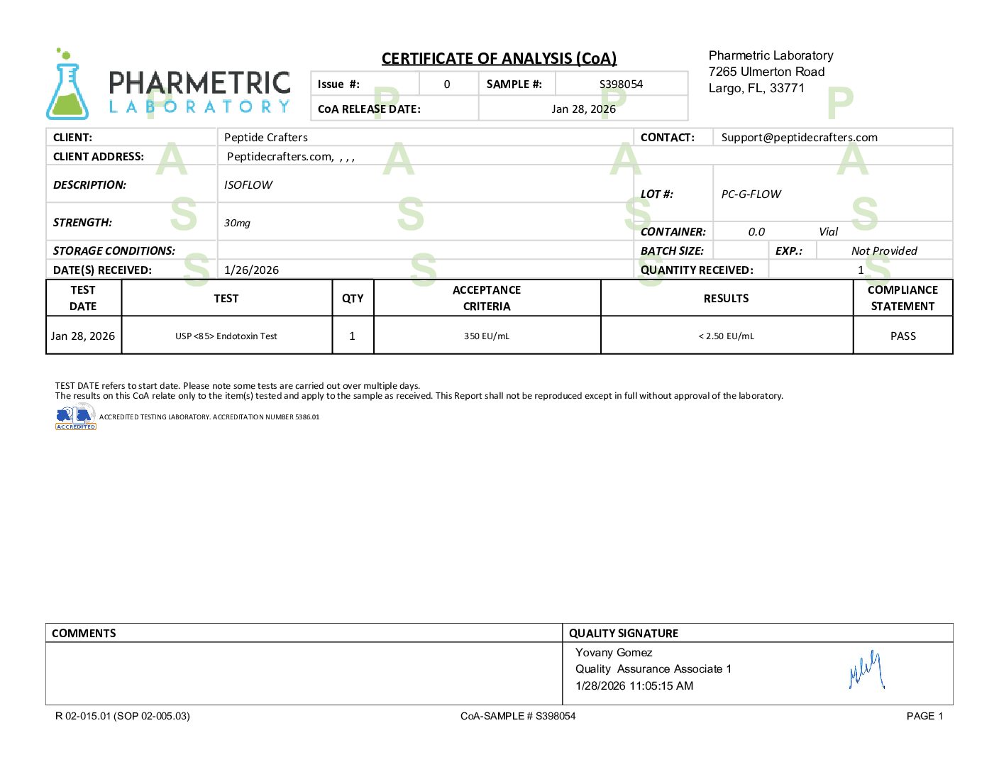 Certificate of Analysis for ISOFLOW 30mg - KPV (10mg) + TB-500 (10mg) + BPC-157 (10mg) from Peptide Crafters