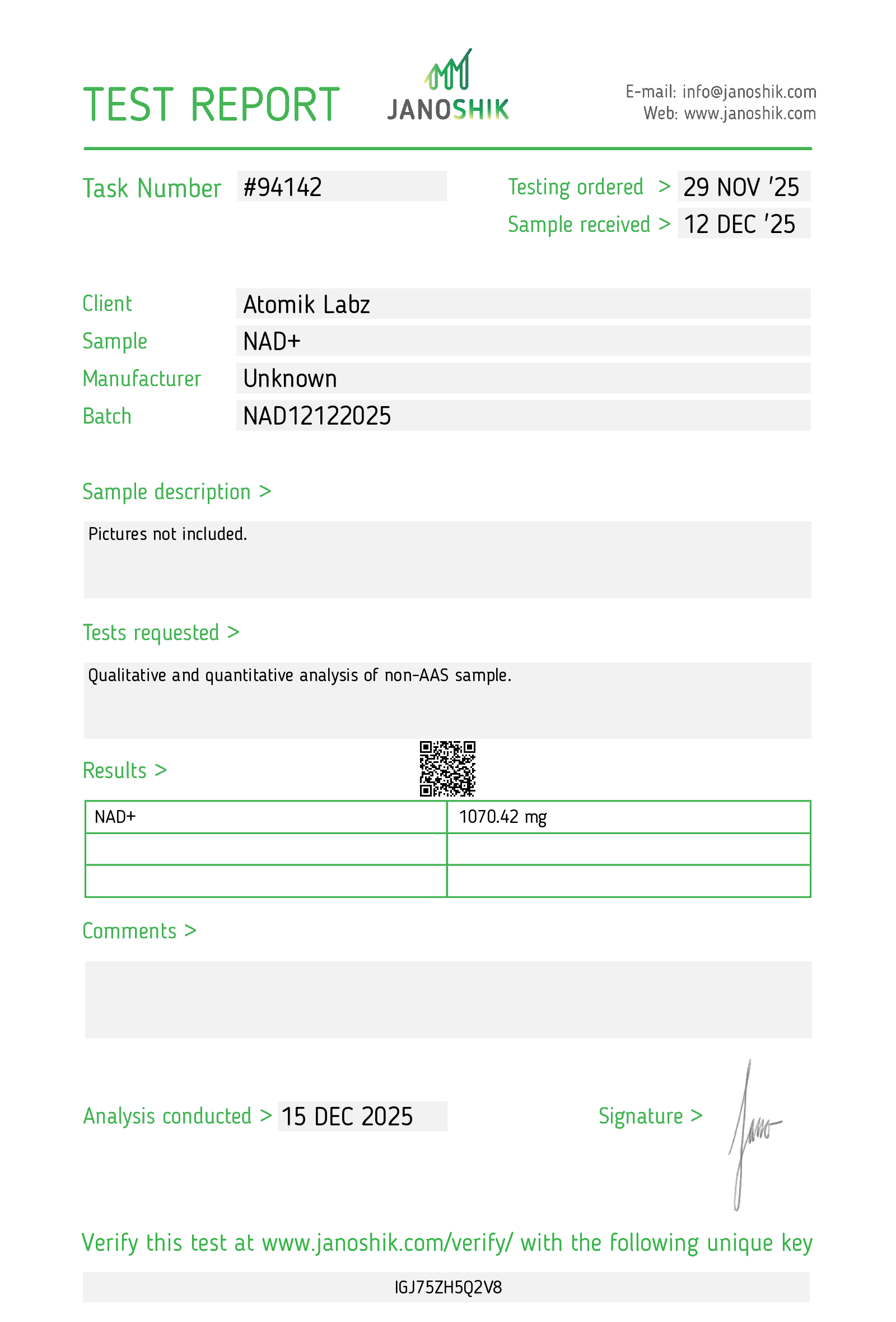 Certificate of Analysis for NAD+ from Atomik Labz