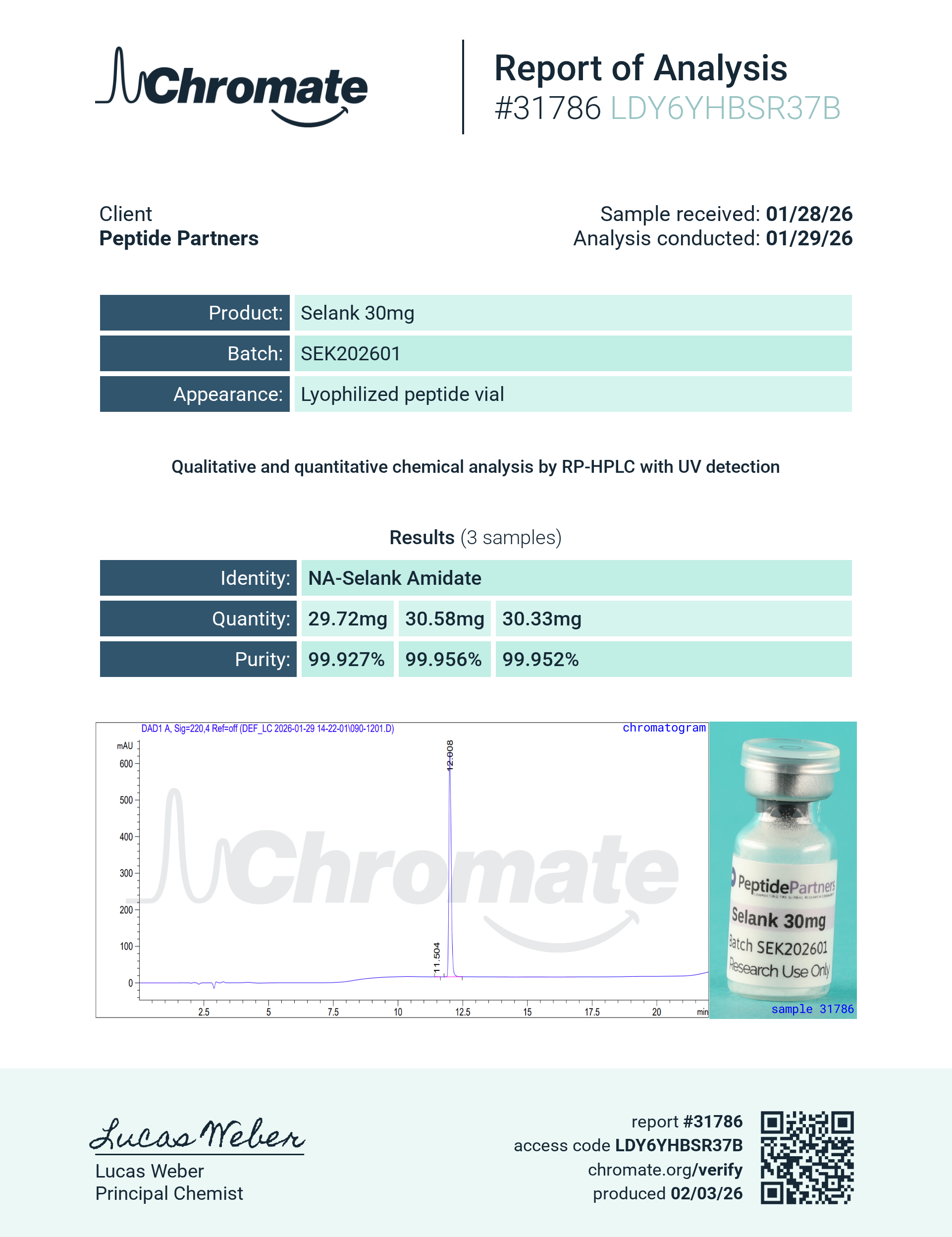 Certificate of Analysis for Selank from Peptide Partners