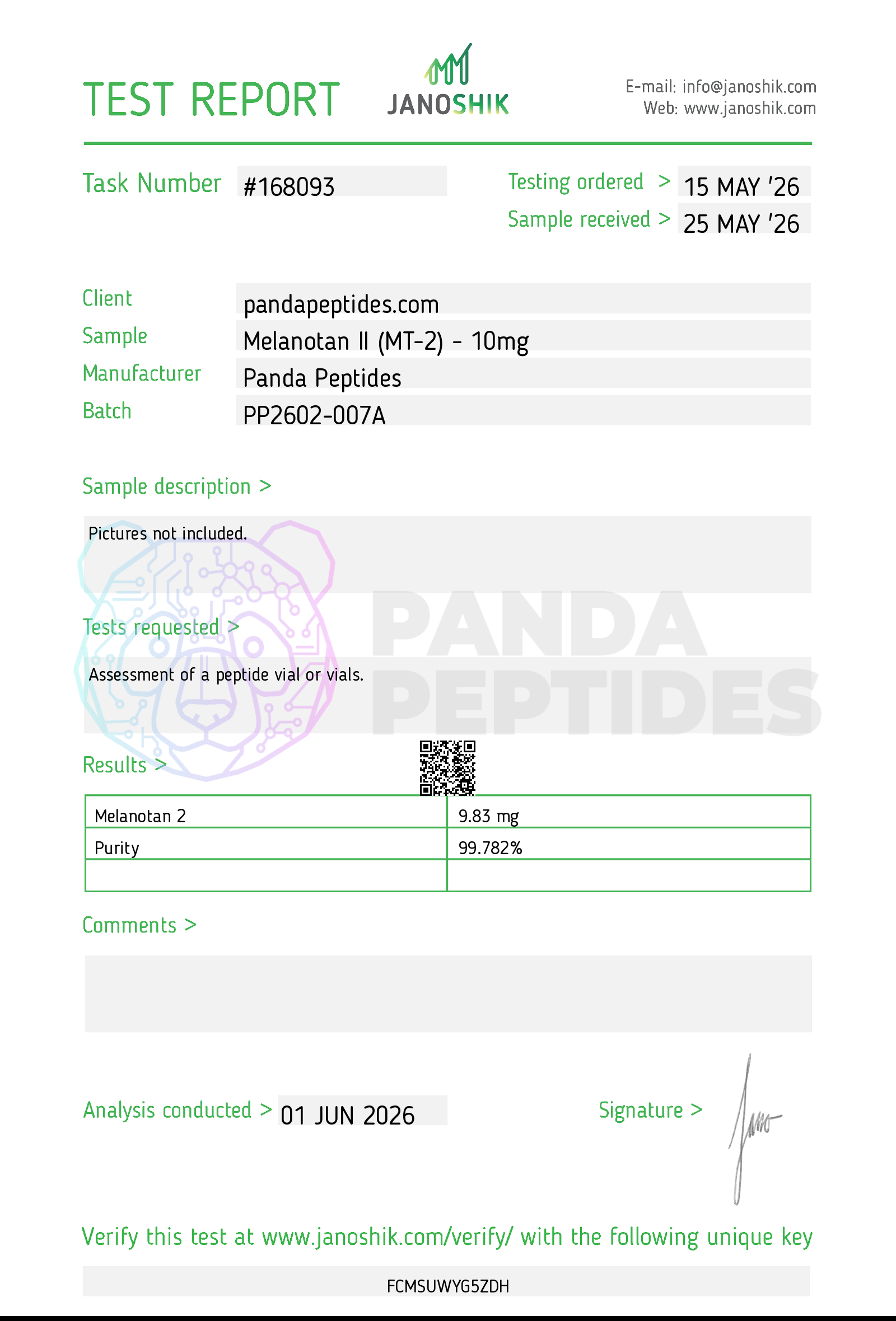 Certificate of Analysis for Melanotan II (MT-2) 10mg from Panda Peptides