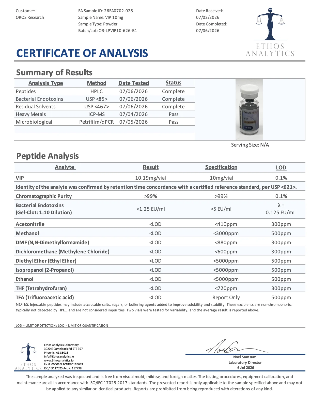 Certificate of Analysis for VIP from Oros Research