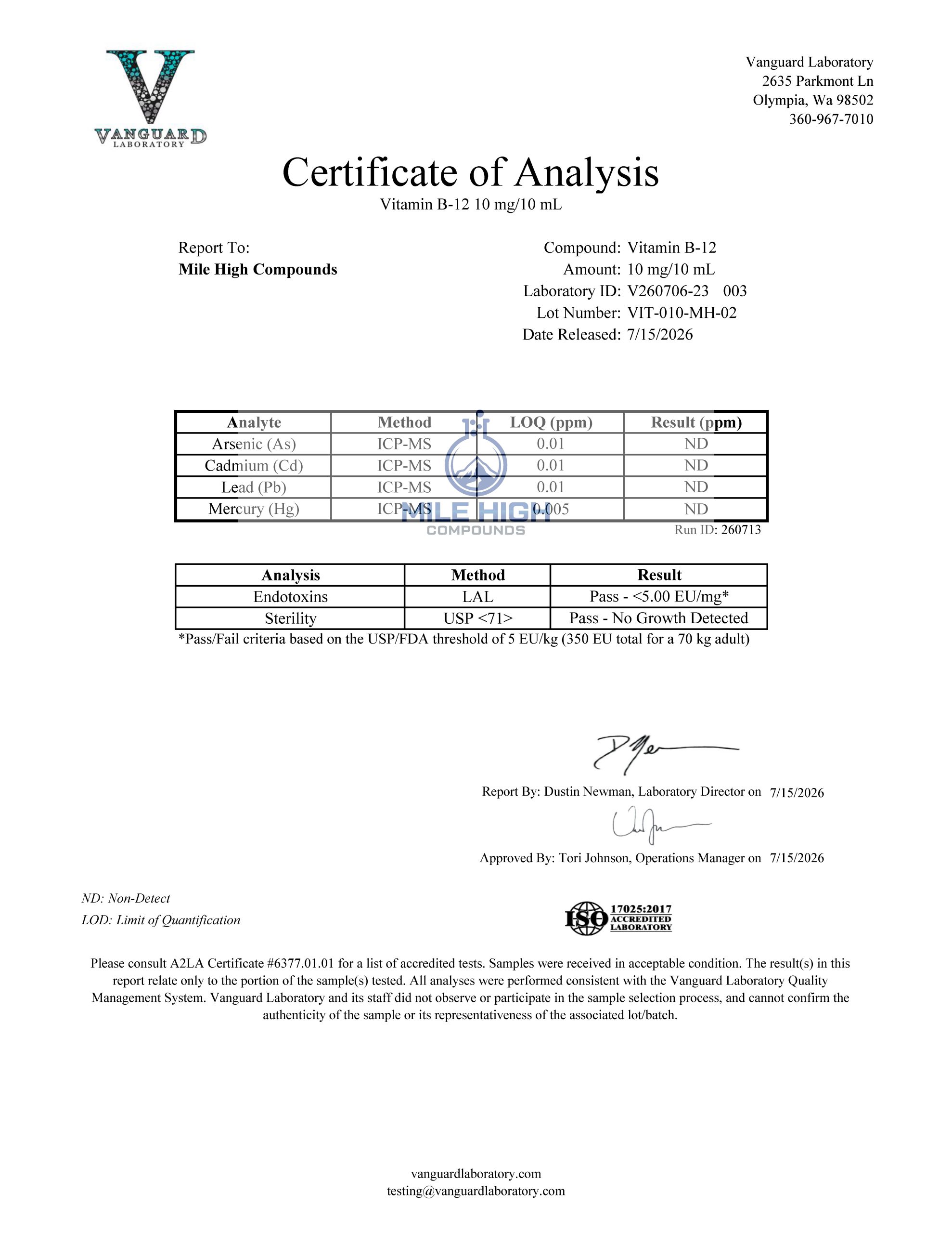 Certificate of Analysis for Vitamin B12 from Mile High Compounds