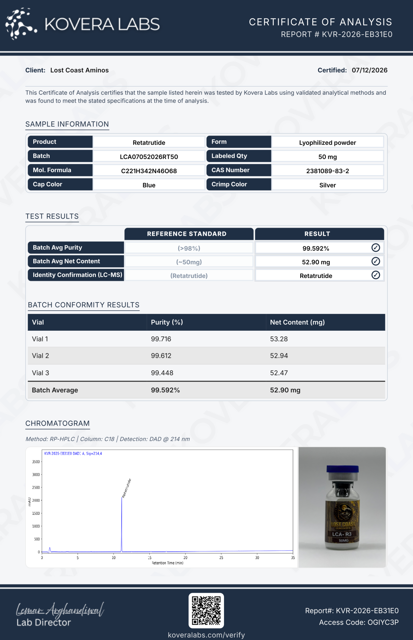 Certificate of Analysis for LCA-R3 50mg from Lost Coast Aminos