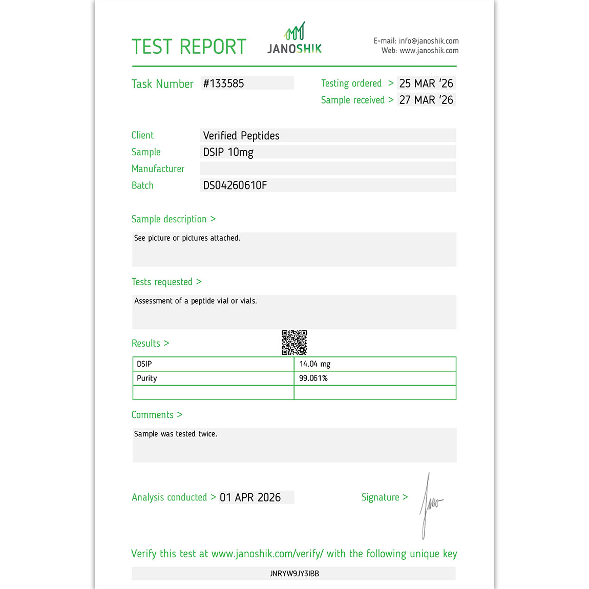 Certificate of Analysis for DSIP Peptide (10MG) from Verified Peptides