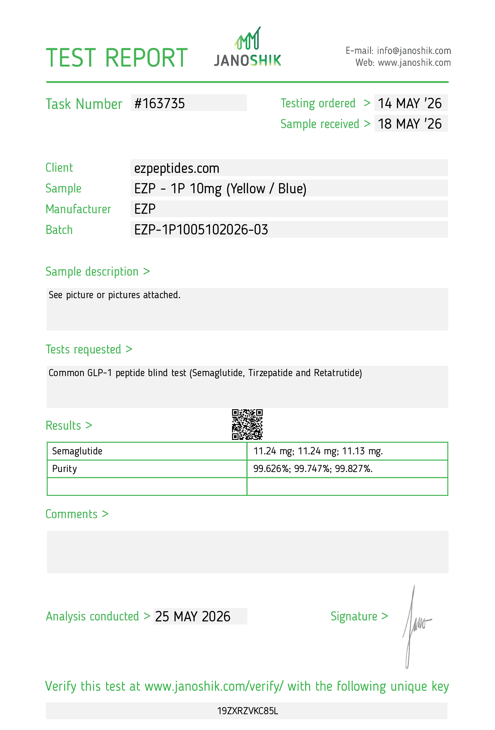 Certificate of Analysis for EZP-1P 10mg from EZ Peptides