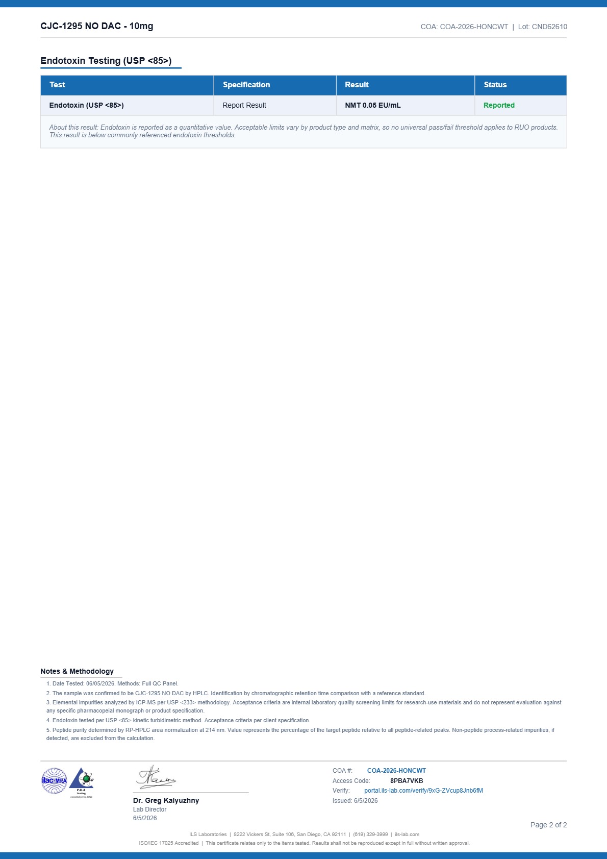 Certificate of Analysis for CJC-1295 No DAC from Atomik Labz